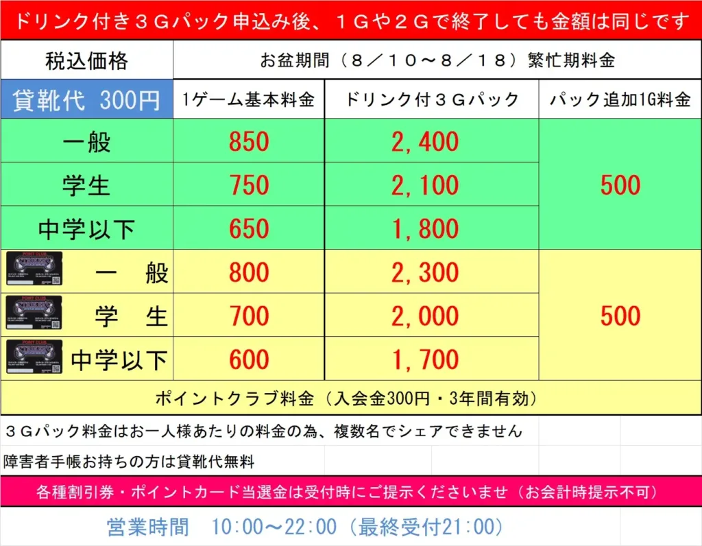 ボウリング料金2024年8月